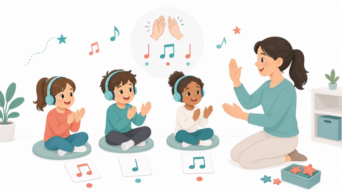 Small beginner music class clapping rhythm with a supportive teacher