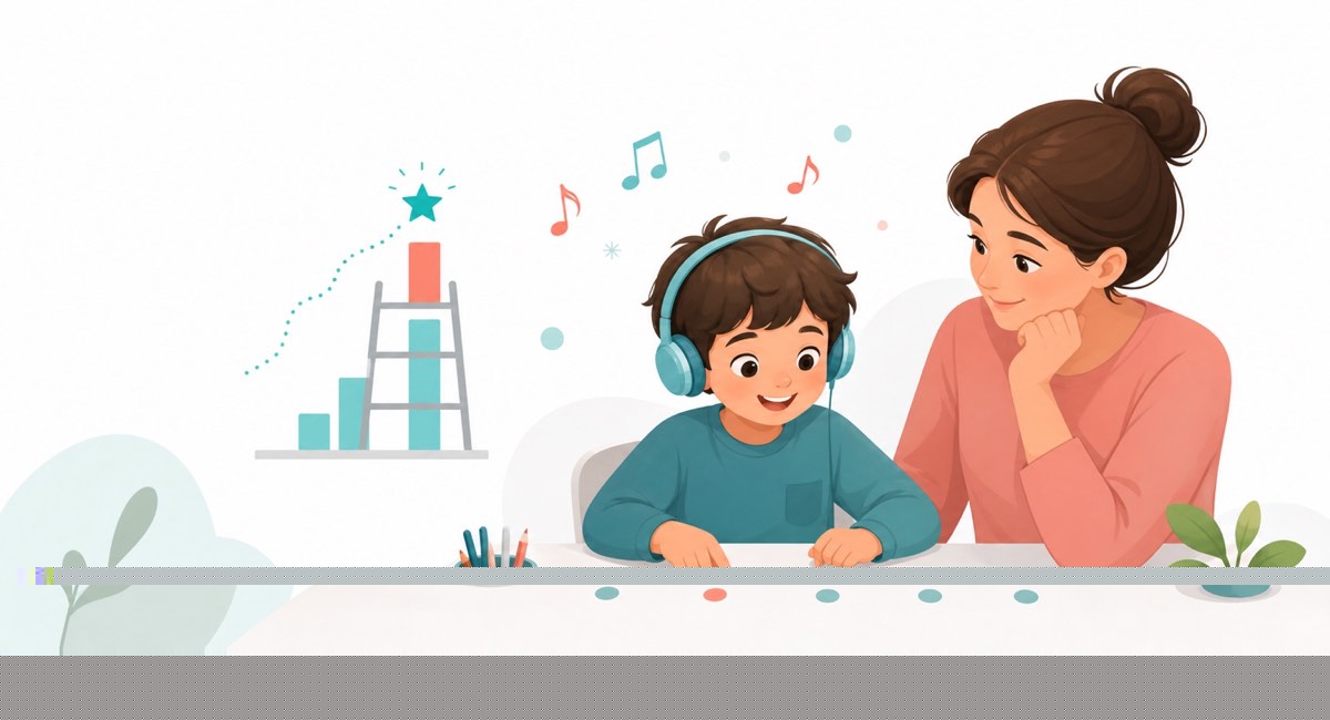 Parent helping a child use rhythm cards and headphones for focused beginner piano practice