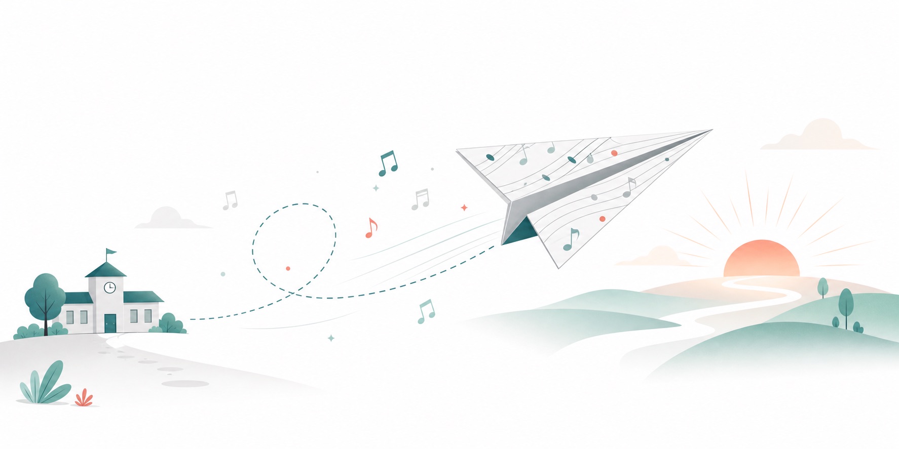 Paper airplane music path from school to PianoFlight learning