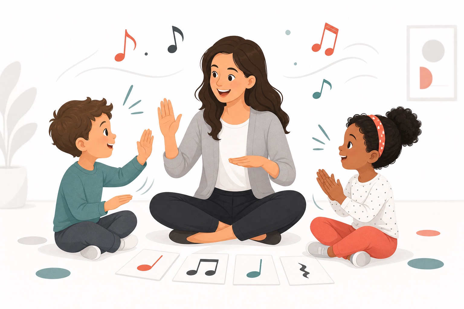 Beginner music class learning rhythm hand motions and simple music patterns before notation