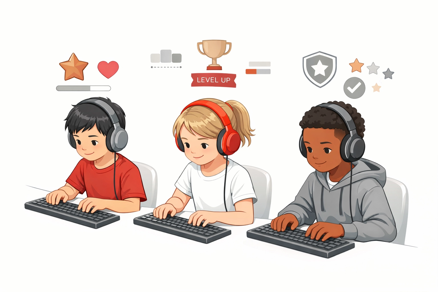 Kids practicing piano with headphones using interactive learning games