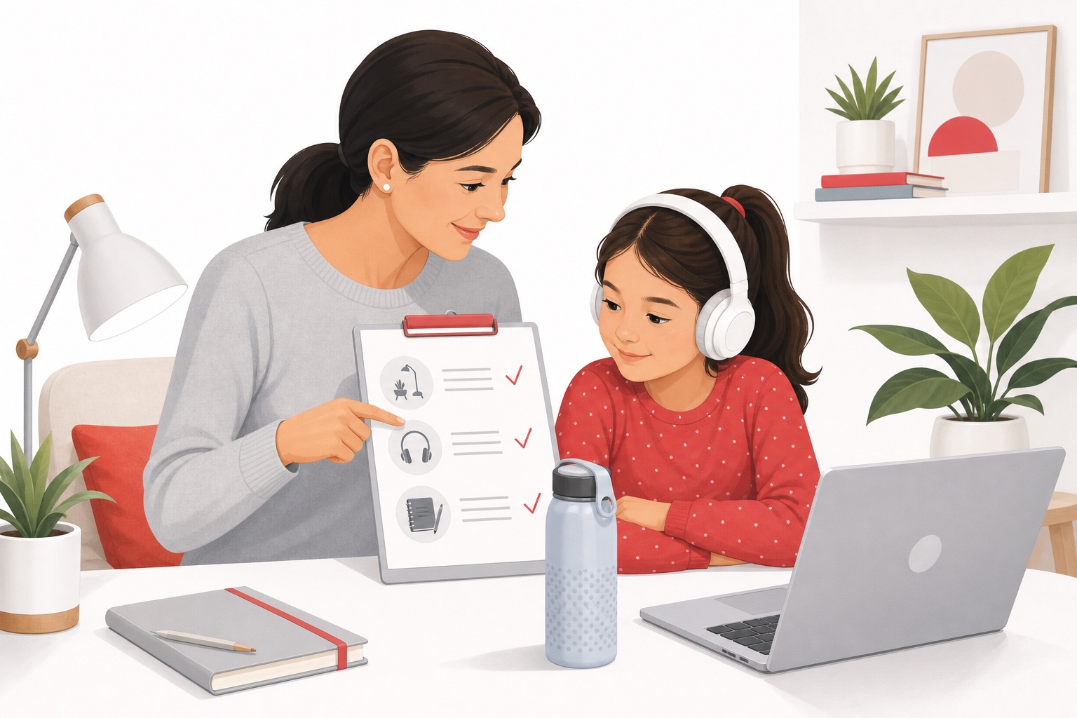 Parent and child preparing headphones notebook and laptop for an online piano lesson