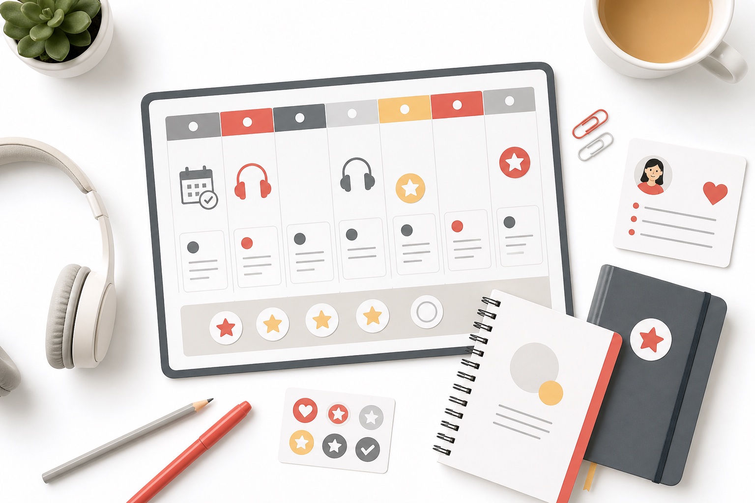 Weekly routine board with headphones calendar and progress markers for kids online piano lessons