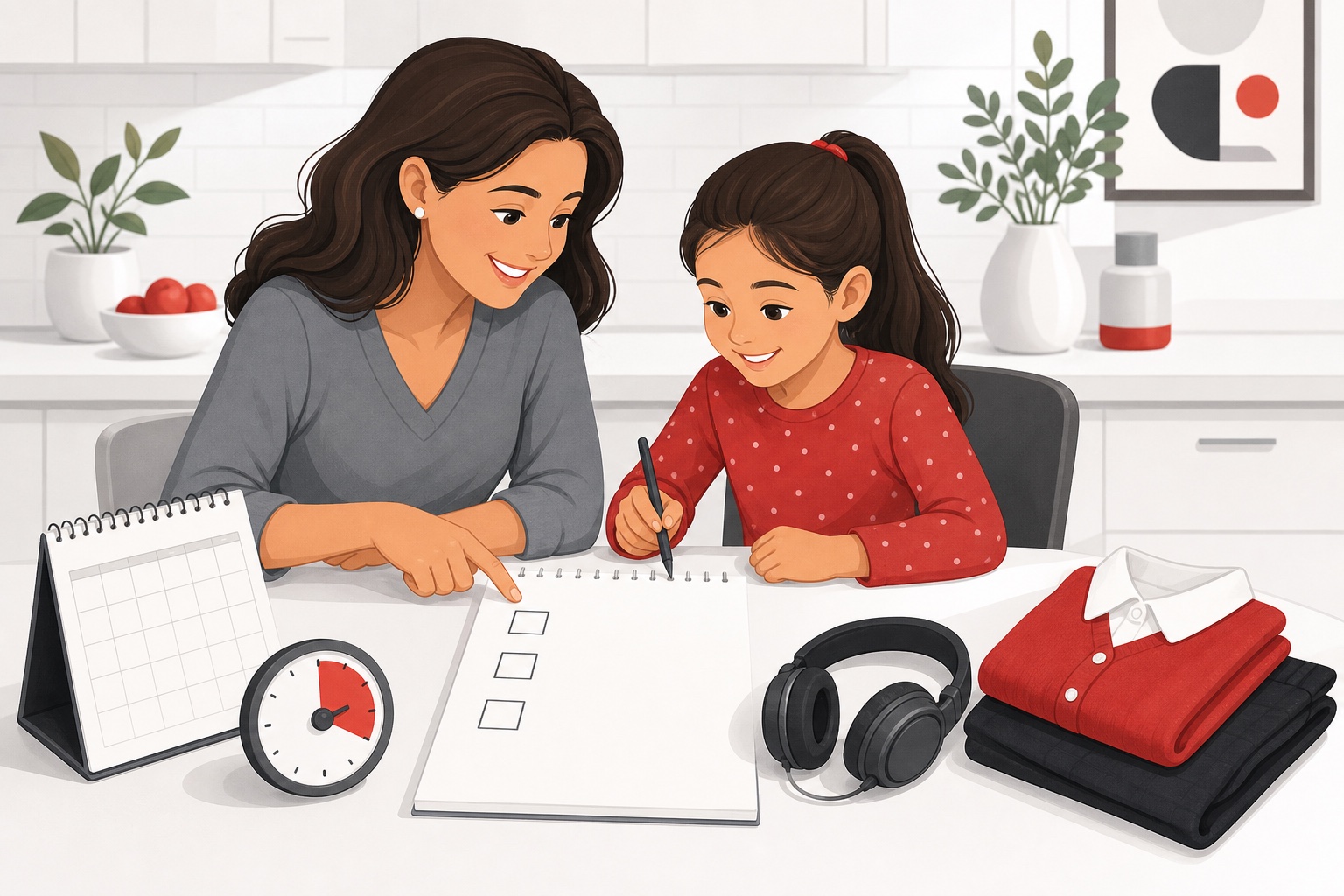 Parent and child planning a calm first piano recital practice routine with checklist and timer