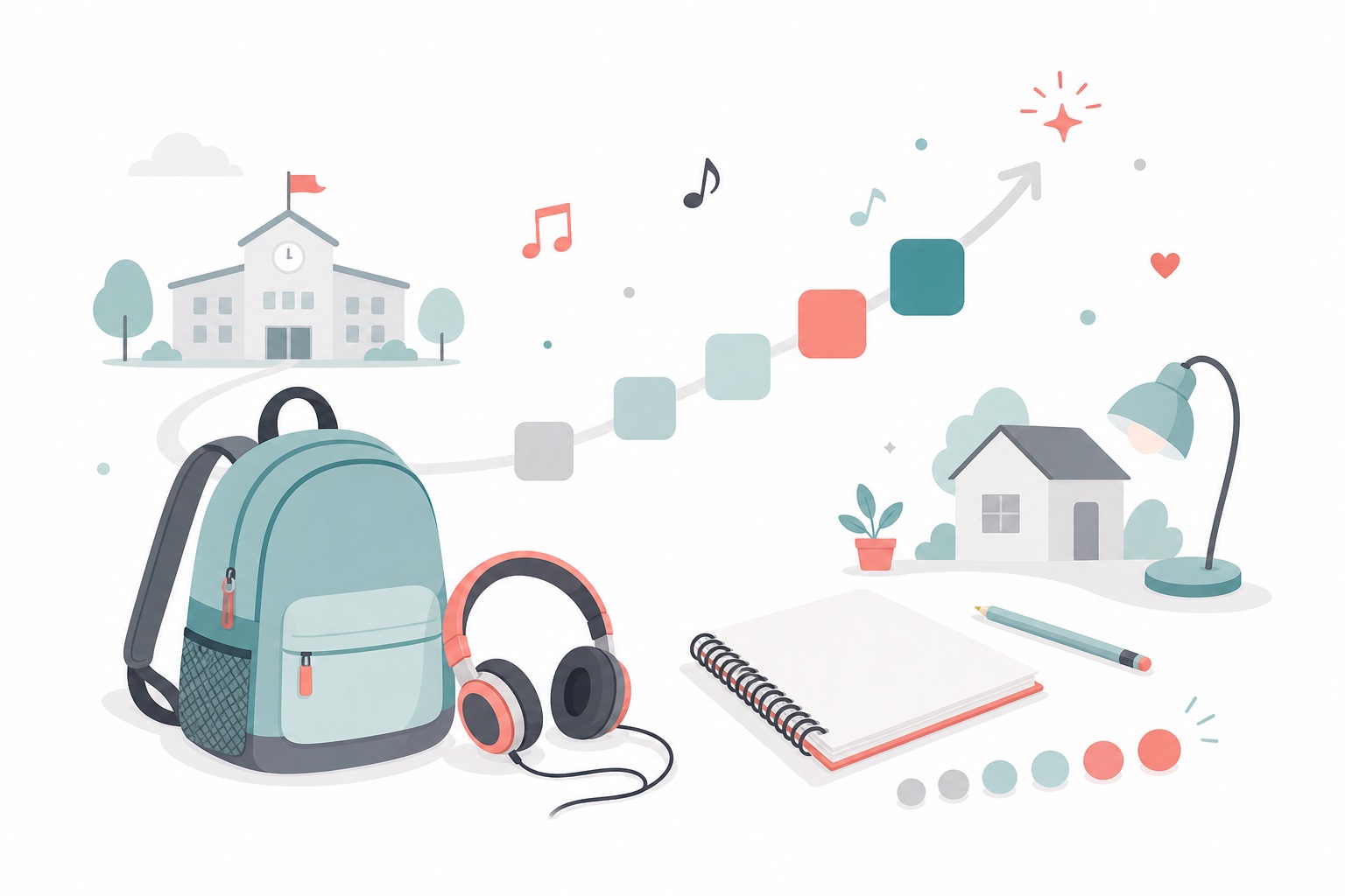 Backpack headphones notebook and progress path for the first month of piano class