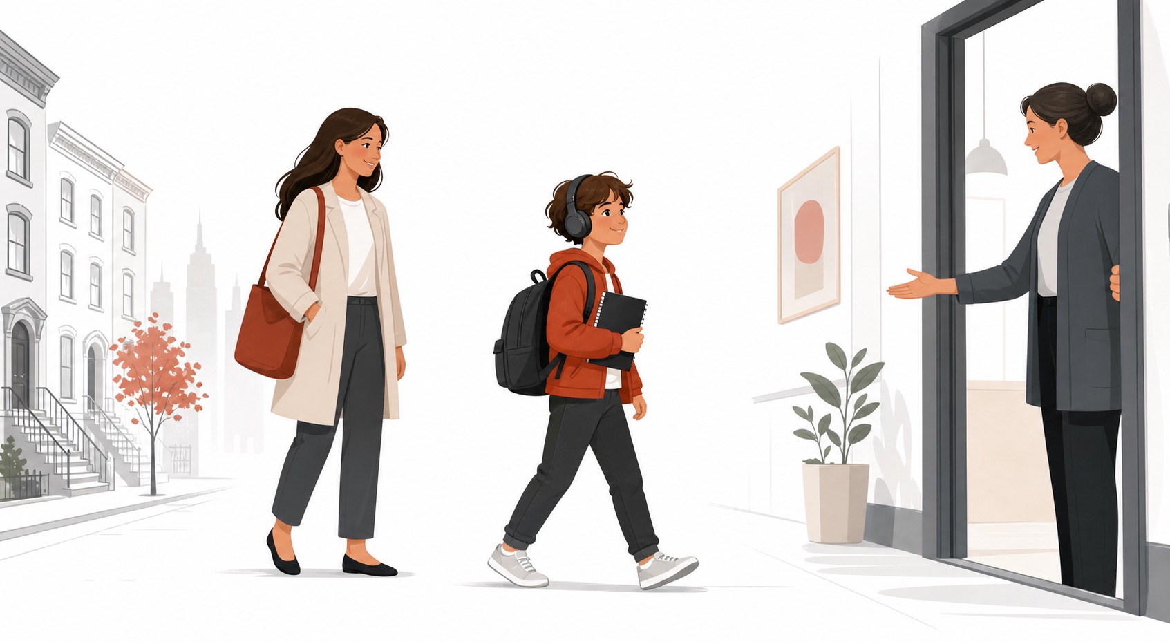 Child arriving confidently for an Upper East Side after-school music class
