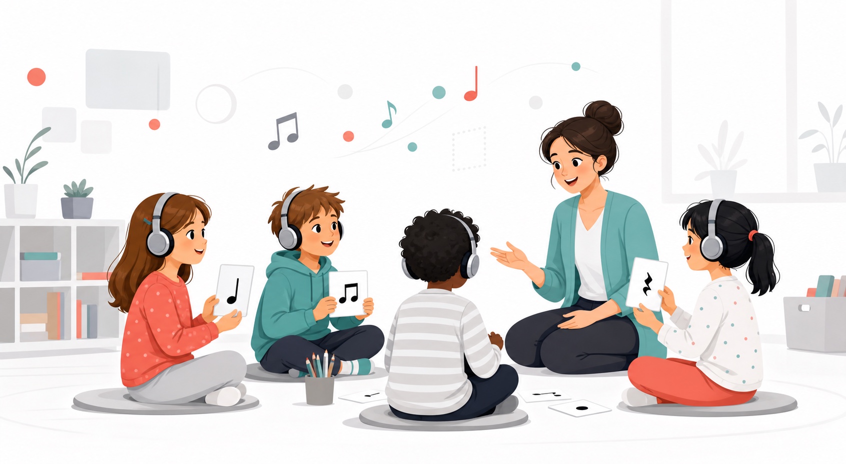 Children learning rhythm and listening skills in an early iPianoLab piano class