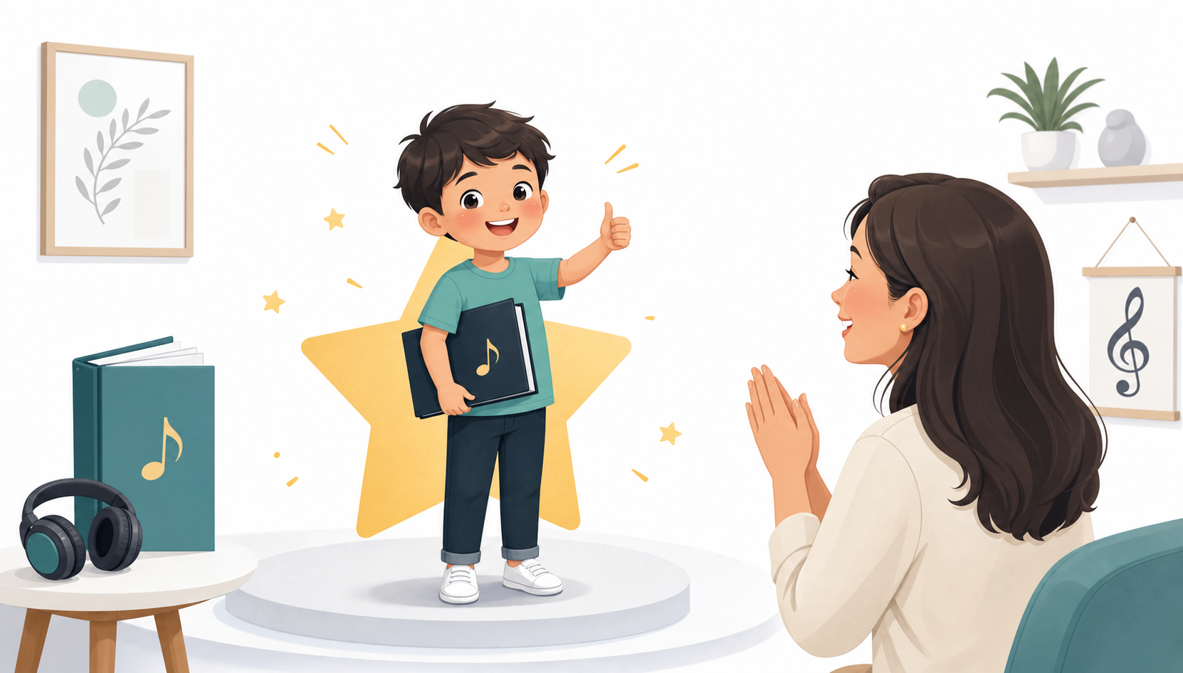 Child celebrating progress after six beginner piano lessons