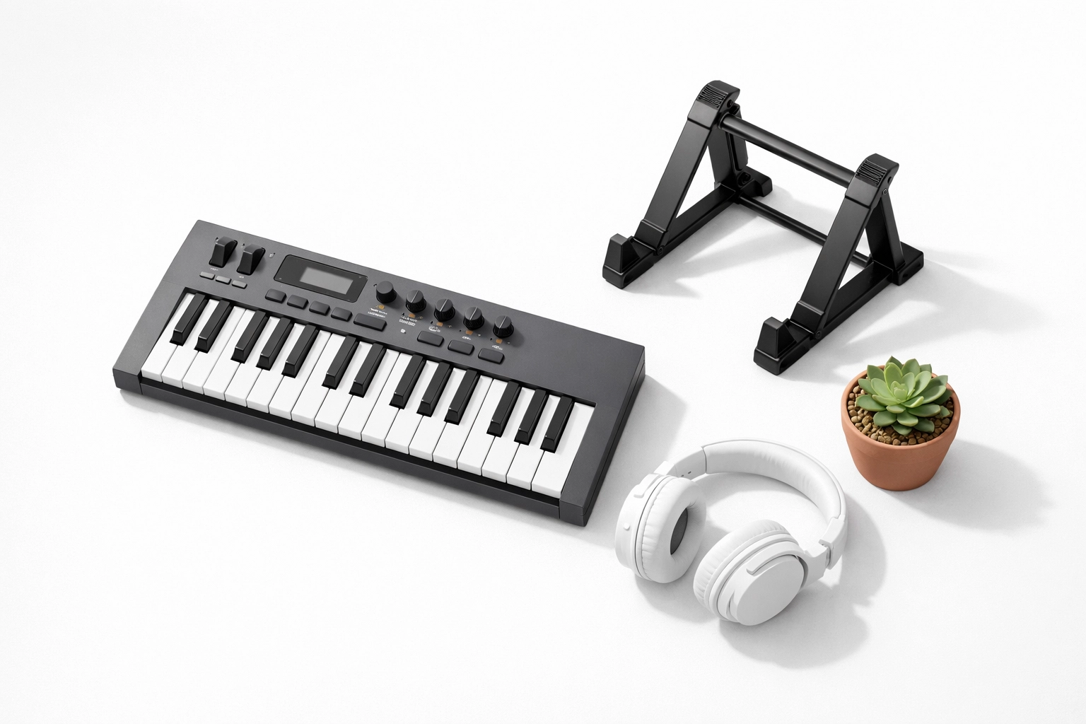 Complete beginner keyboard setup with stand and headphones for piano lessons