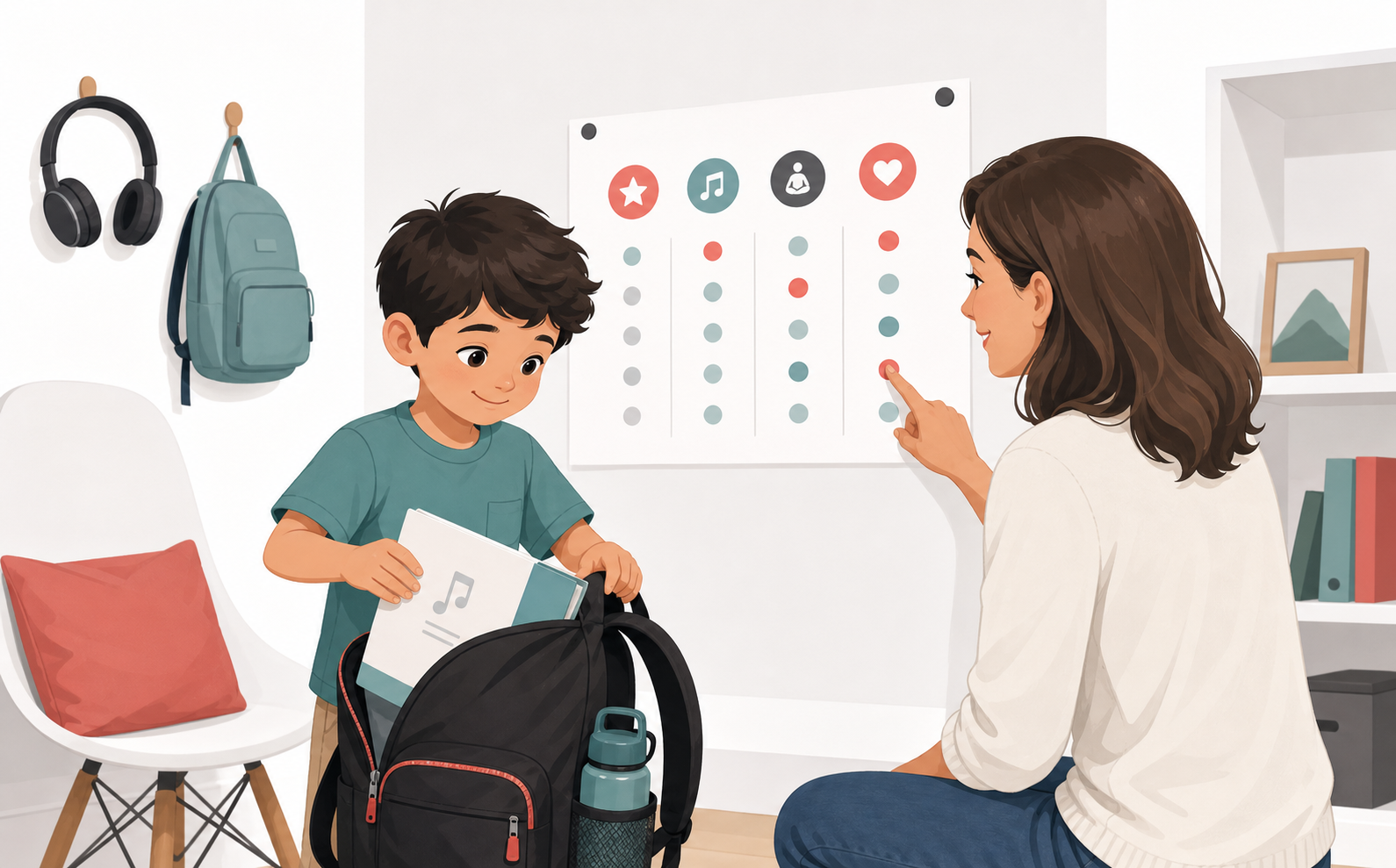 Child and parent preparing a short beginner piano practice routine at home