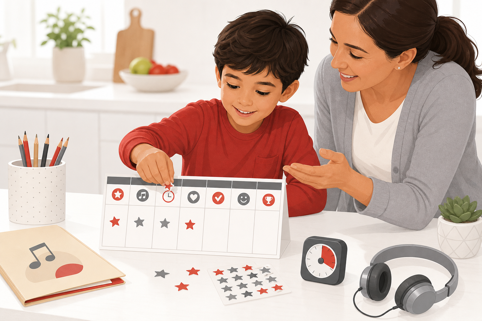 Child and parent building a short weekly beginner music practice routine at home