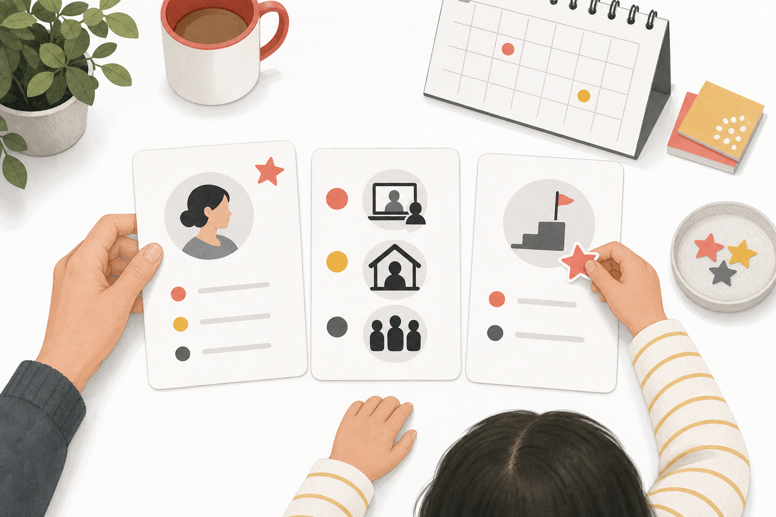 Parent and child comparing beginner piano lesson options with simple cards and a calendar