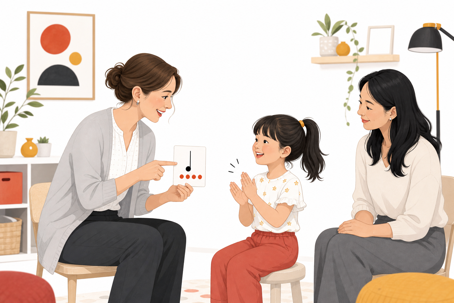 Beginner piano teacher helping a child clap a rhythm while a parent observes