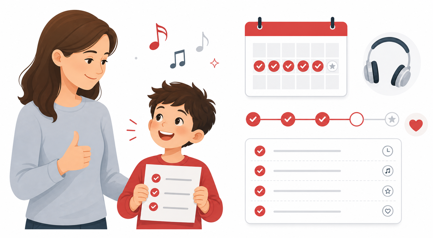 Beginner music progress checklist for a child's first month of lessons