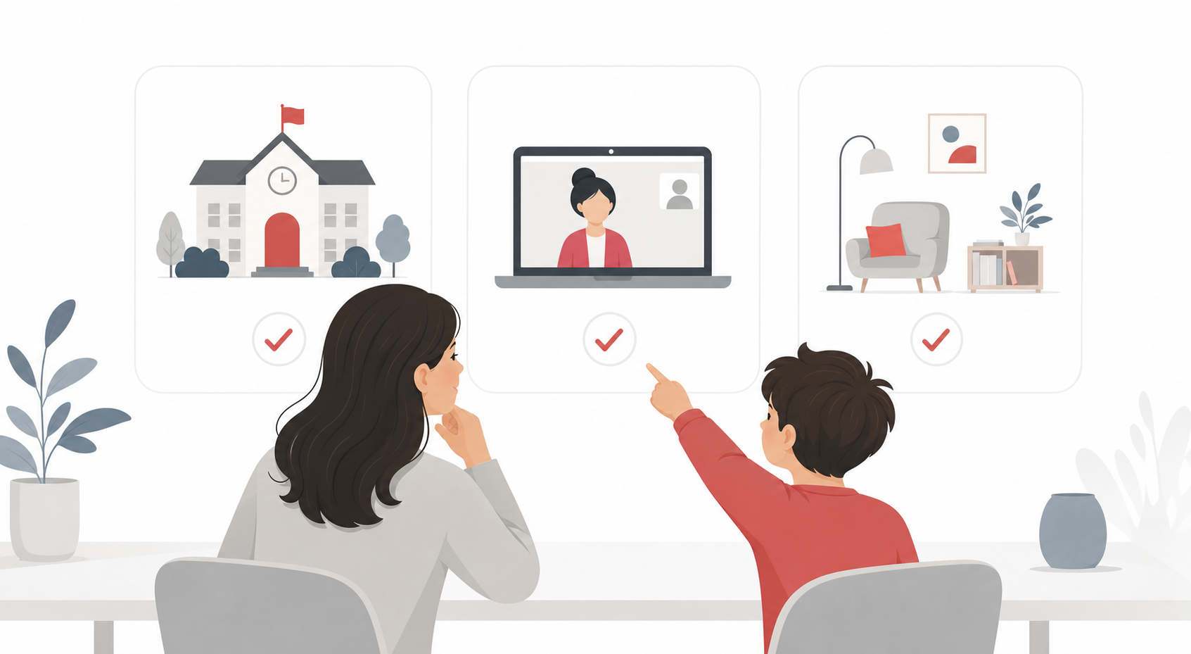 Parent and child comparing school, online, and home piano learning paths