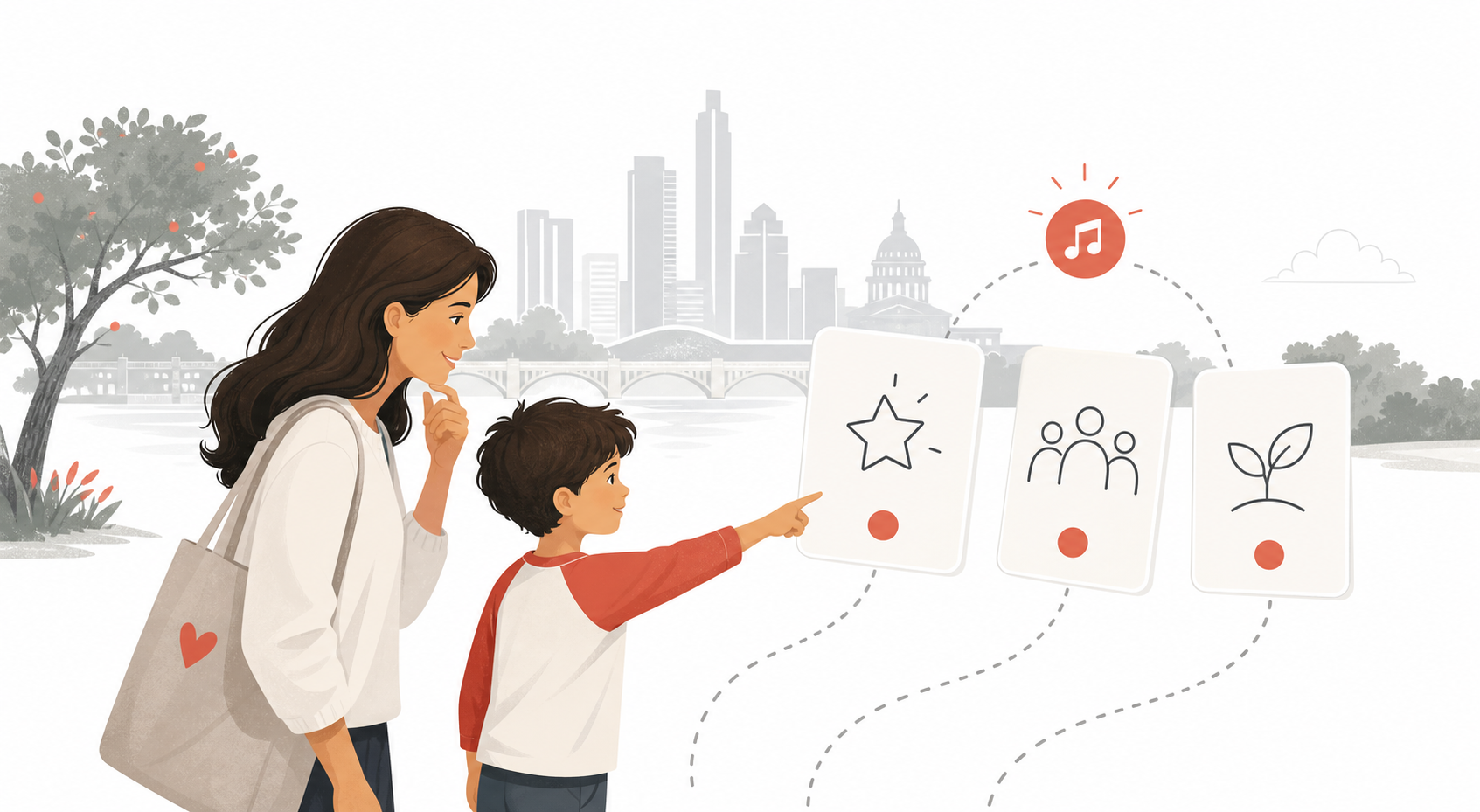 Austin parent and child comparing beginner piano lesson paths with a simple progress route