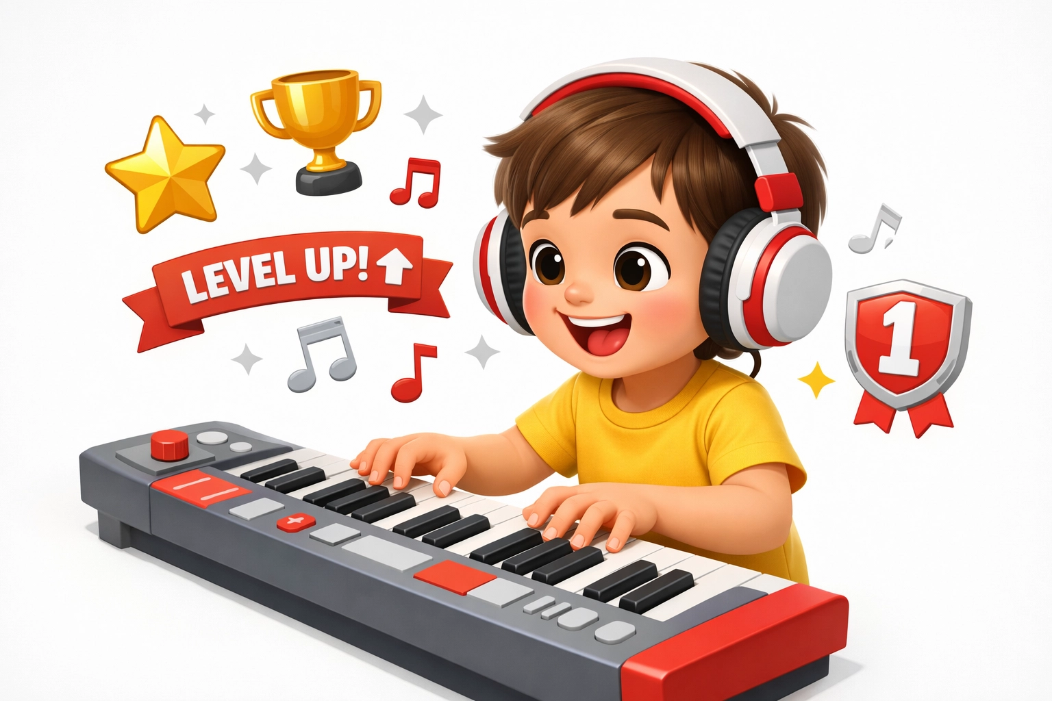 Child enjoying game-based piano lessons with achievement badges and musical notes
