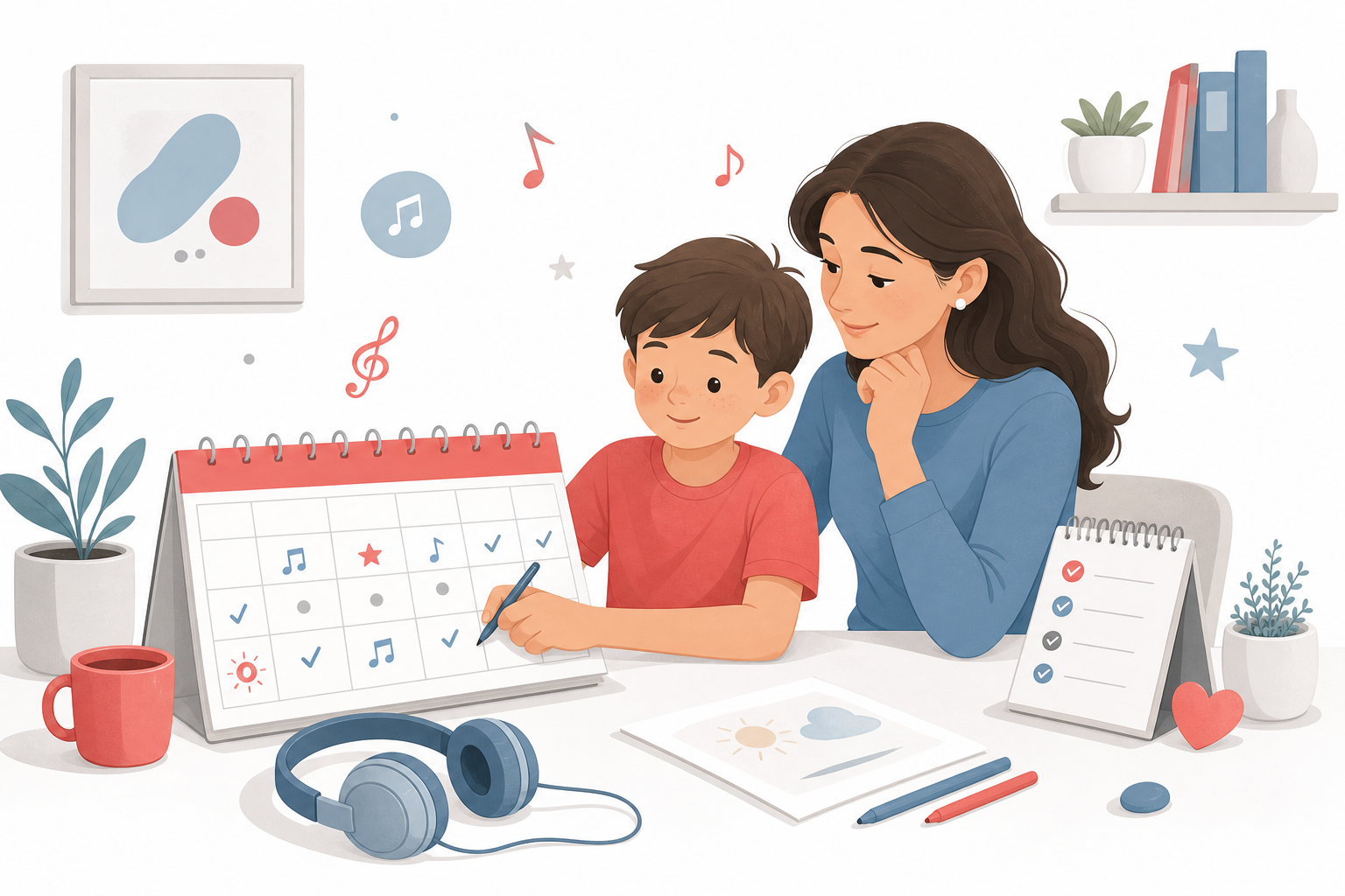 Parent and child planning a low-pressure summer piano routine with music notes and a calendar