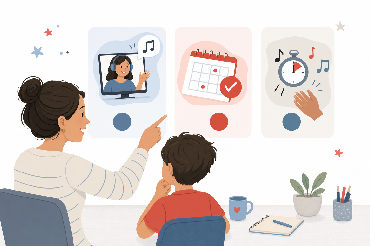 Parent and child comparing flexible summer piano lesson options including online learning, scheduling, and short rhythm practice