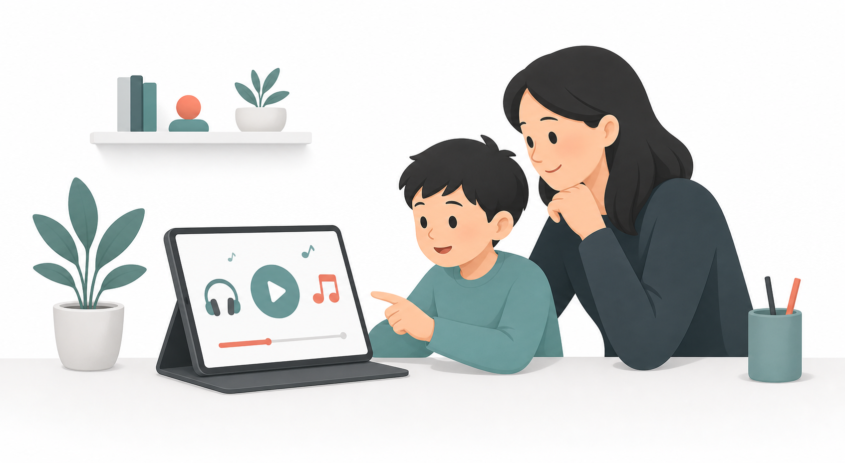 Child and parent using an online beginner piano learning path at home