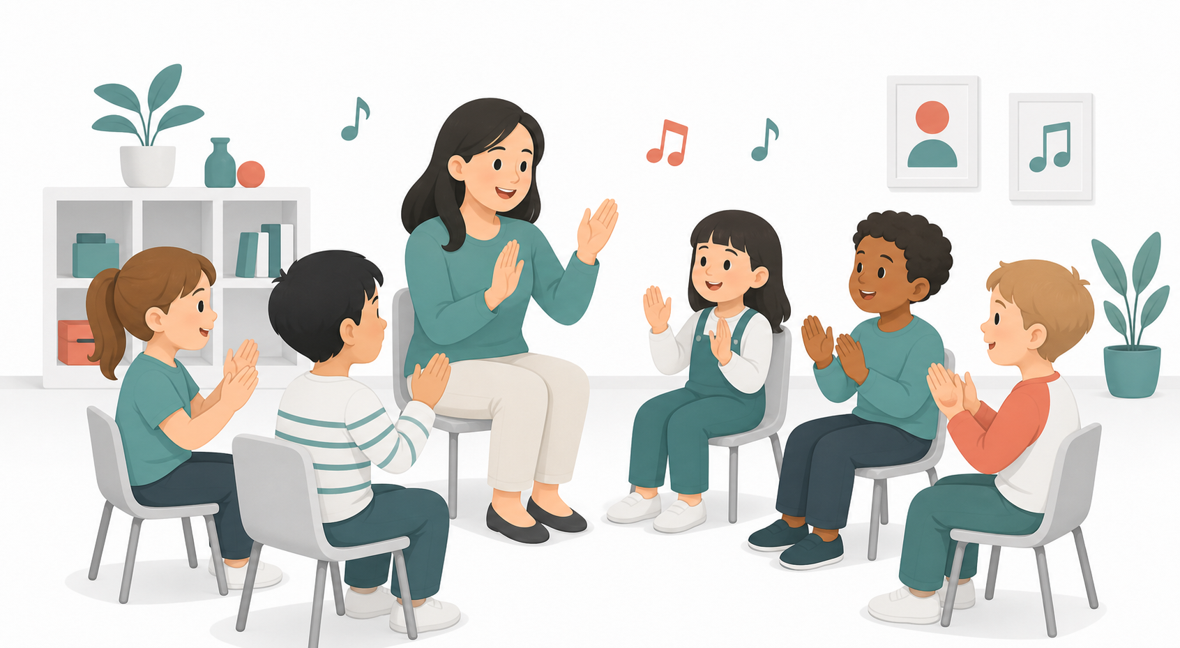 Children clapping rhythm in a beginner-friendly group piano class