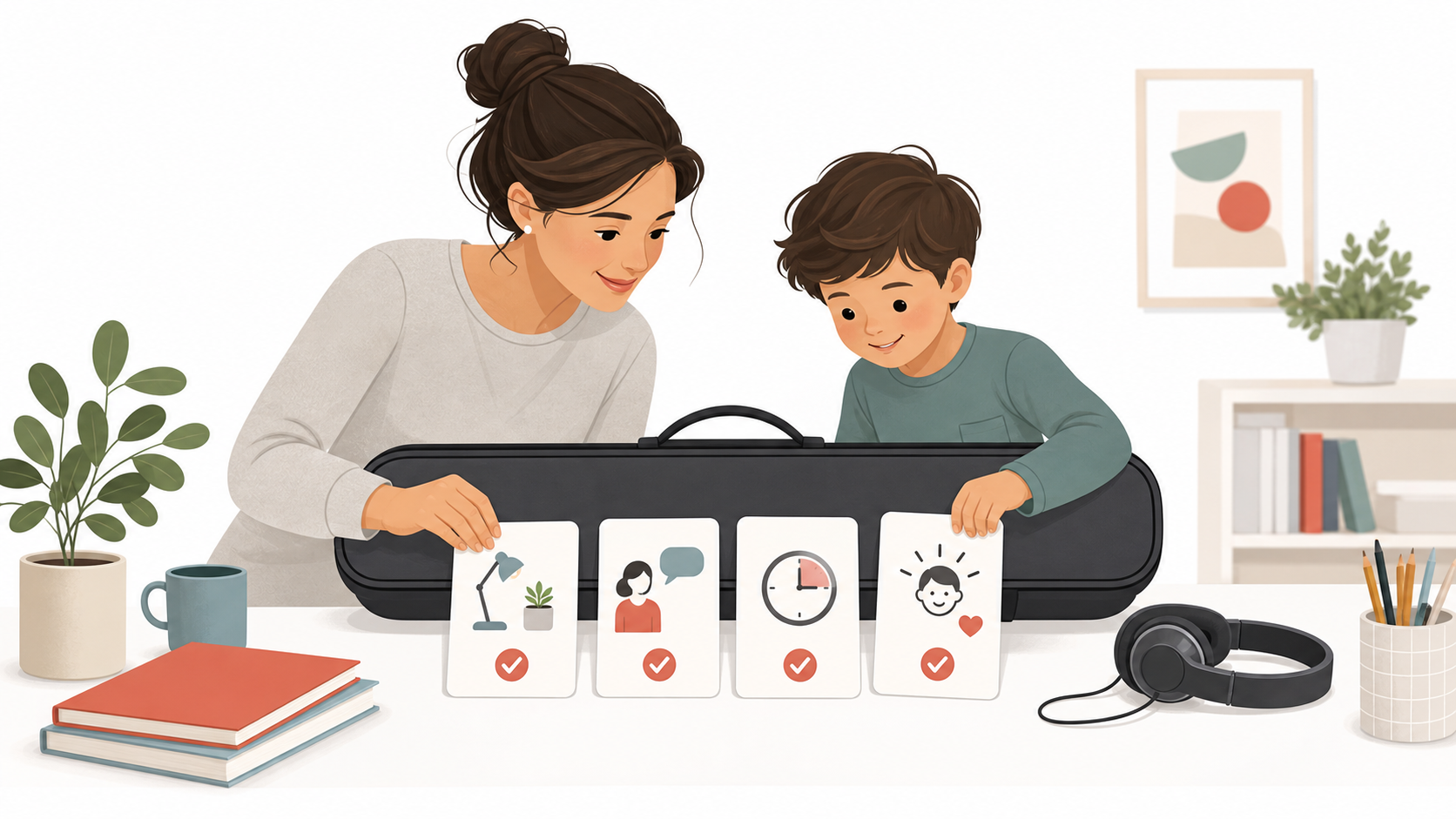 Parent and child checking a beginner keyboard lesson setup with headphones, short practice goals, and teacher support