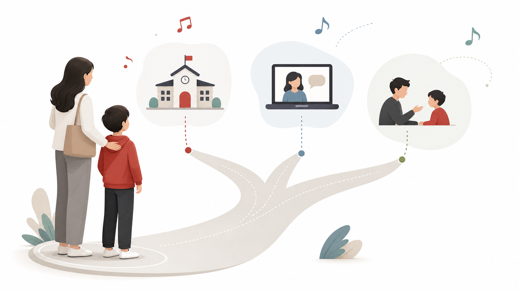 Parent and child choosing between school classes, online learning, and teacher-guided piano lessons