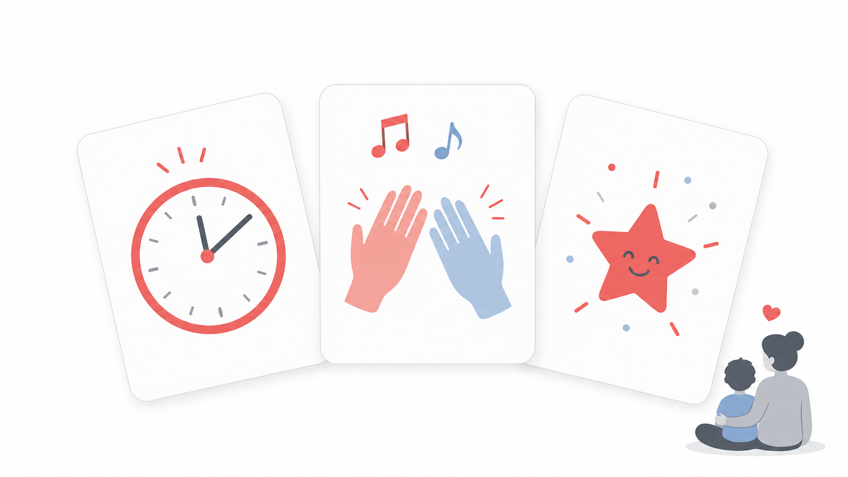 Minimal practice routine cards showing time, rhythm clapping, and a small celebration