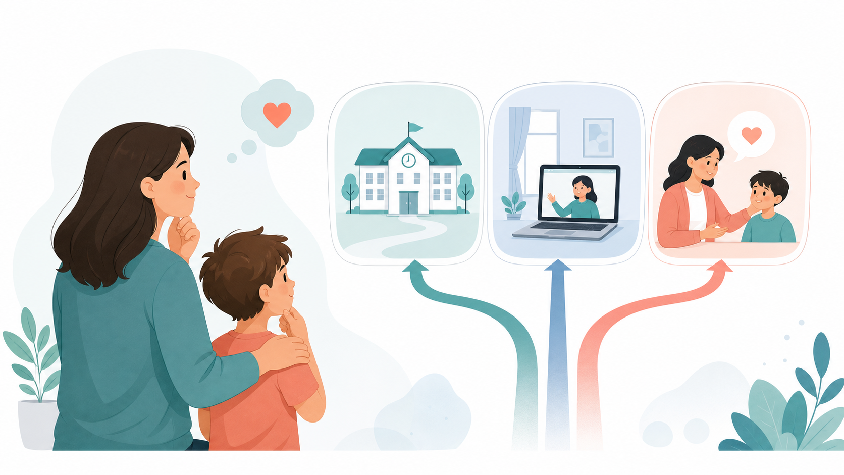 Parent and child comparing school class, online learning, and teacher-guided lesson support