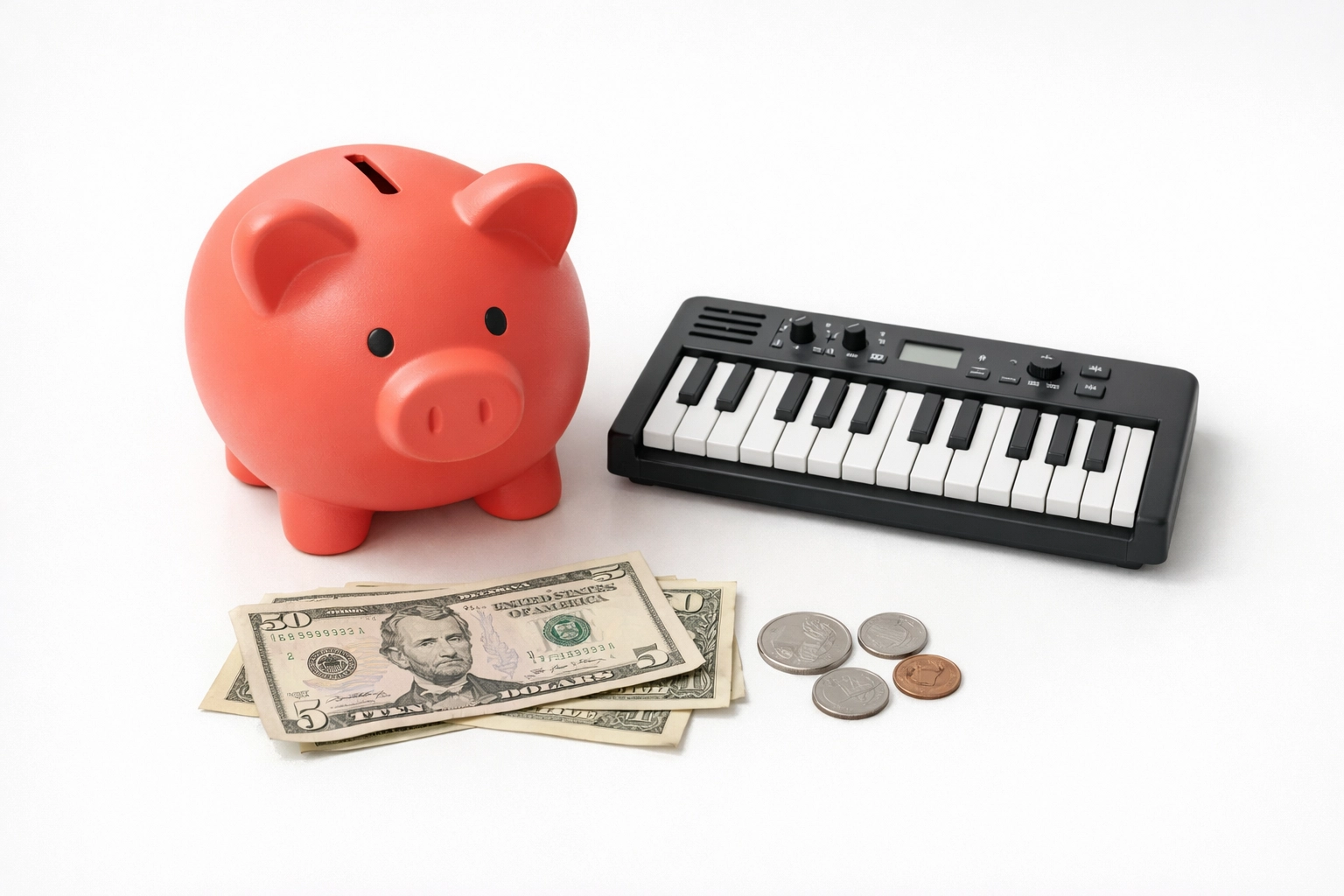 Affordable piano lessons shown with piggy bank and keyboard emphasizing cost savings