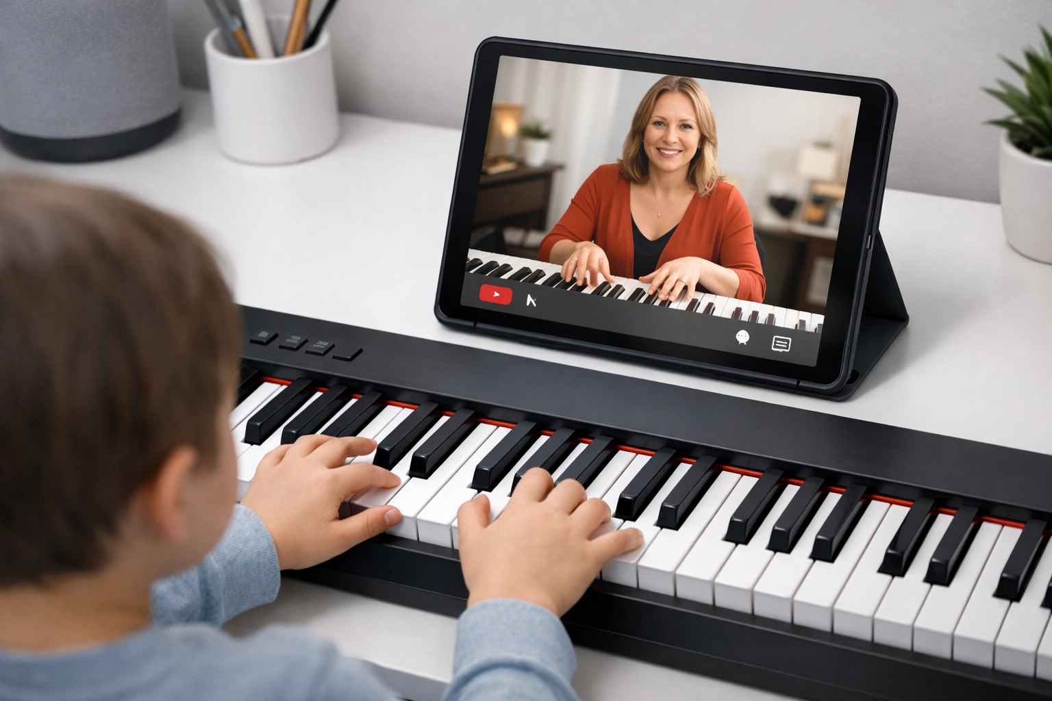 Child learning online piano lessons on tablet with keyboard at home