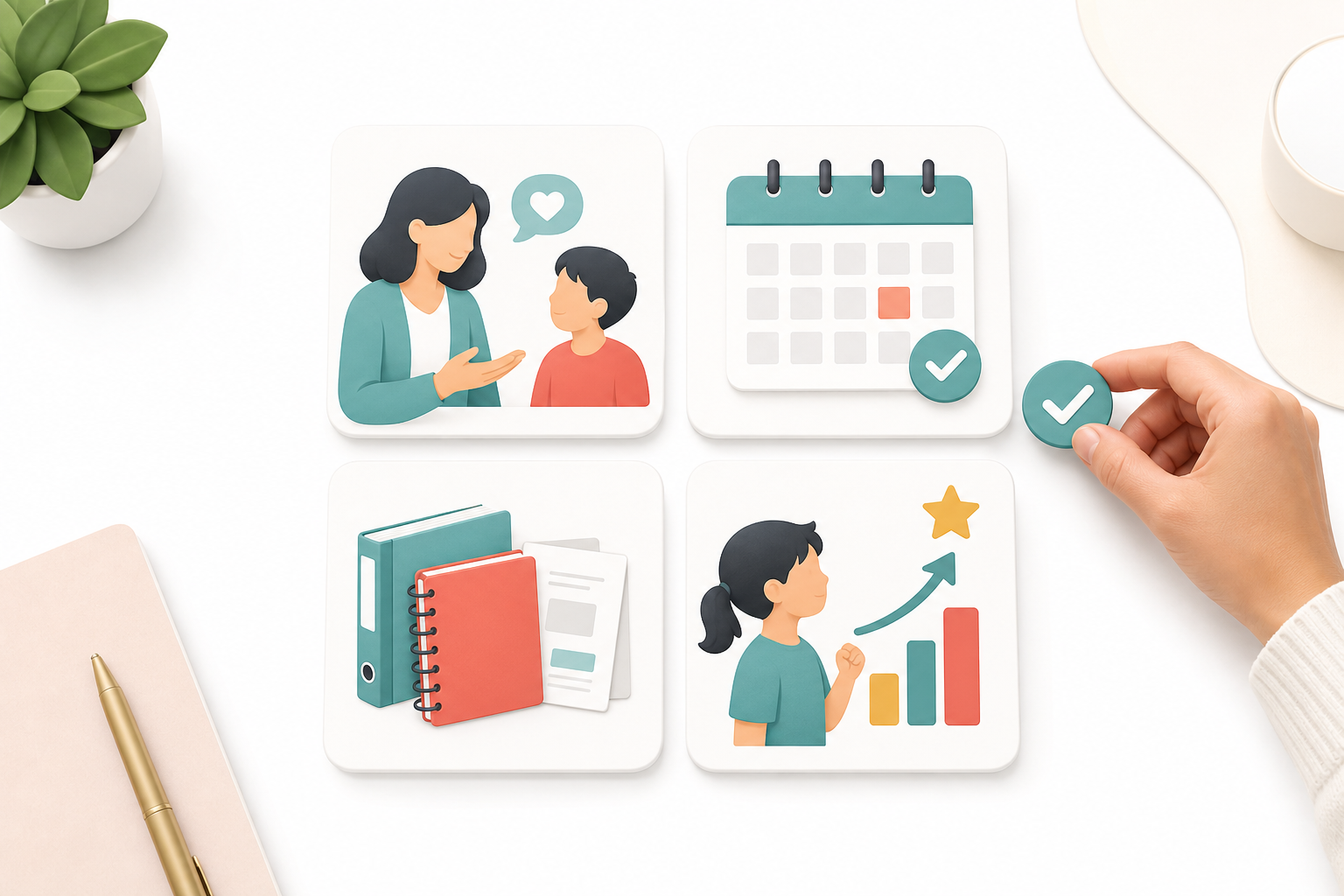 Four visual tiles showing teacher support calendar materials and progress as piano lesson value factors
