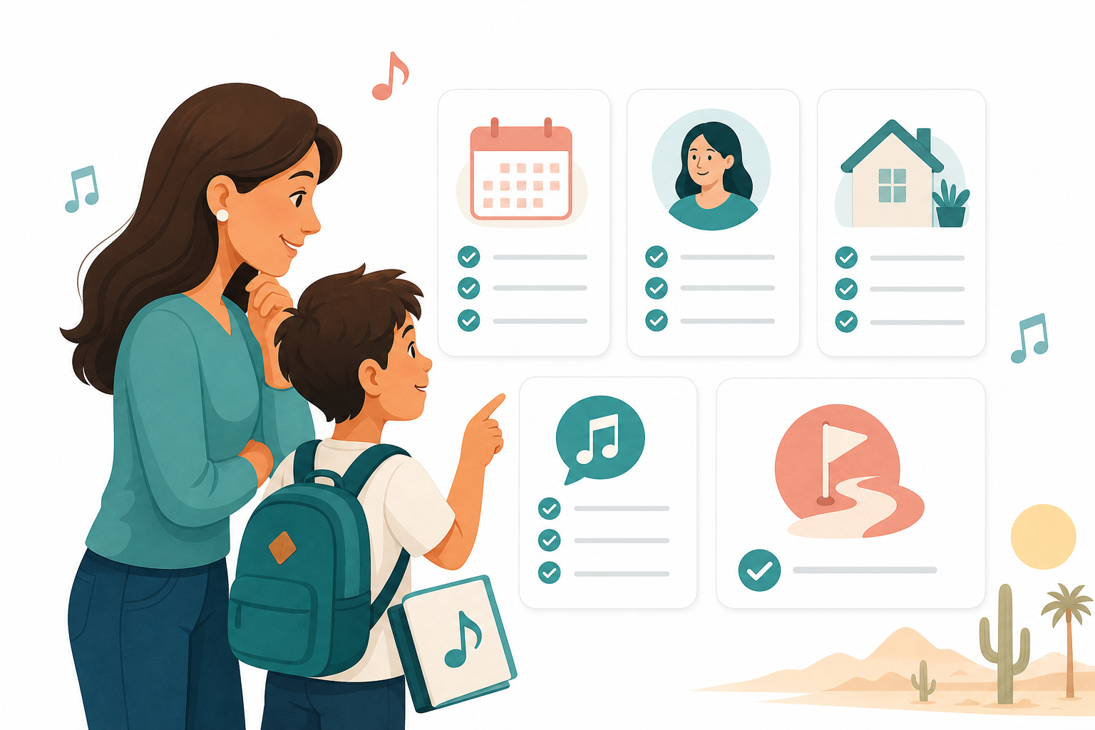 Parent and child reviewing practical piano lesson fit factors such as schedule support and home practice