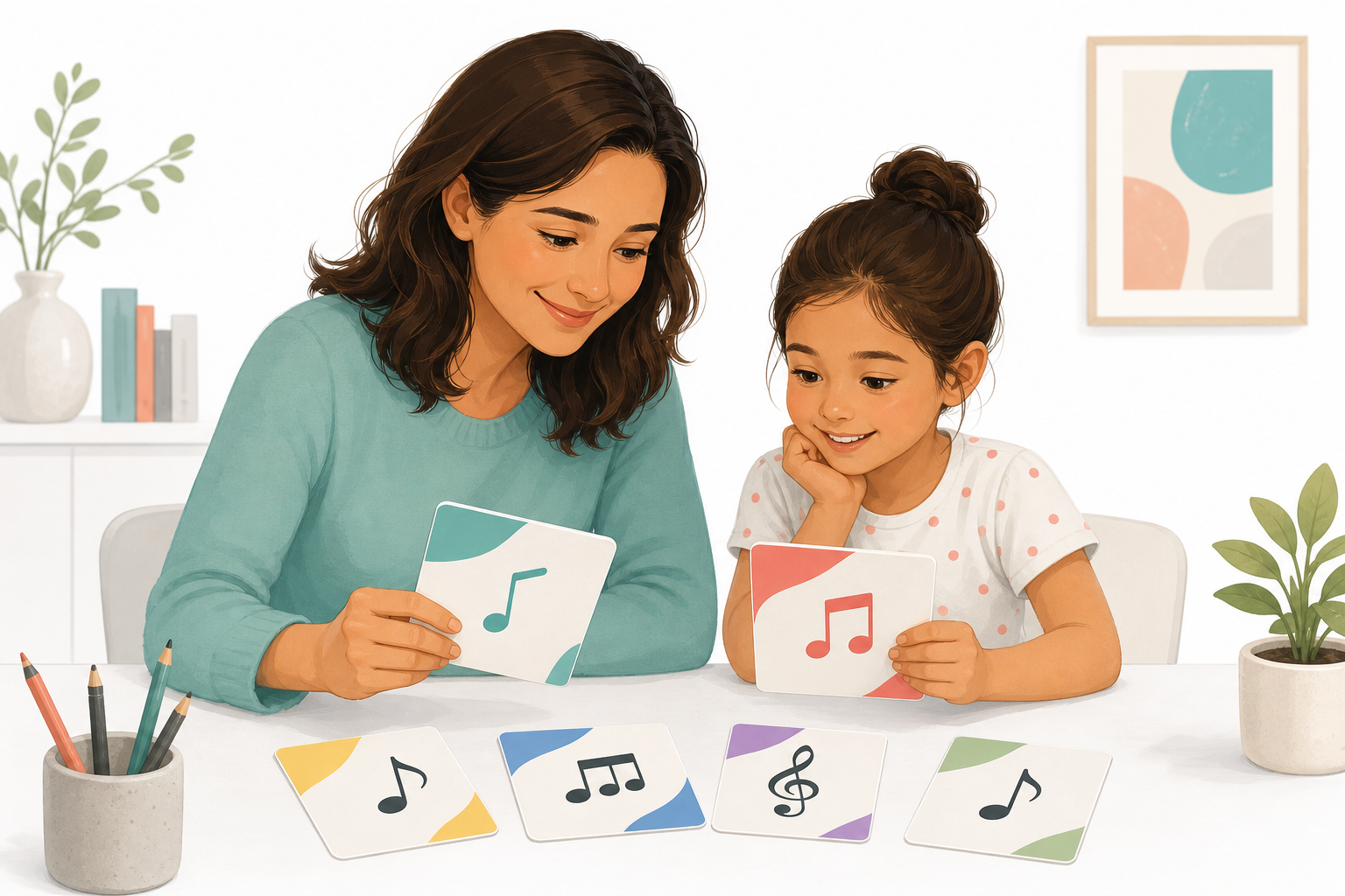 Parent and child choosing favorite song cards before a beginner music lesson