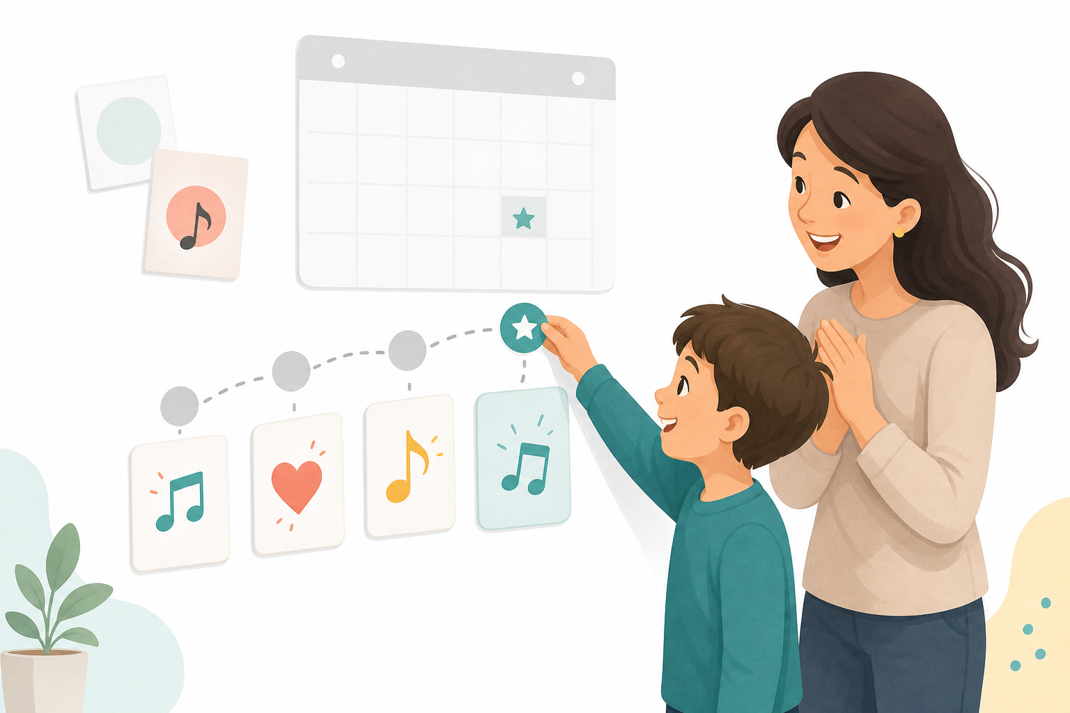 Parent and child marking a small music-learning milestone after practicing a favorite song