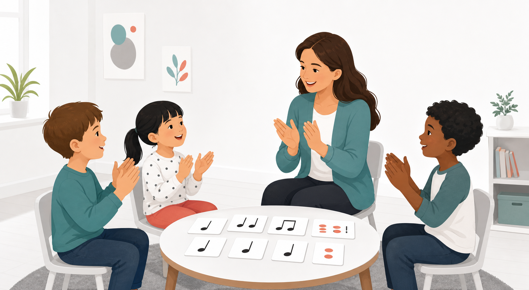 Teacher and children clapping rhythm cards during a song-based beginner music class