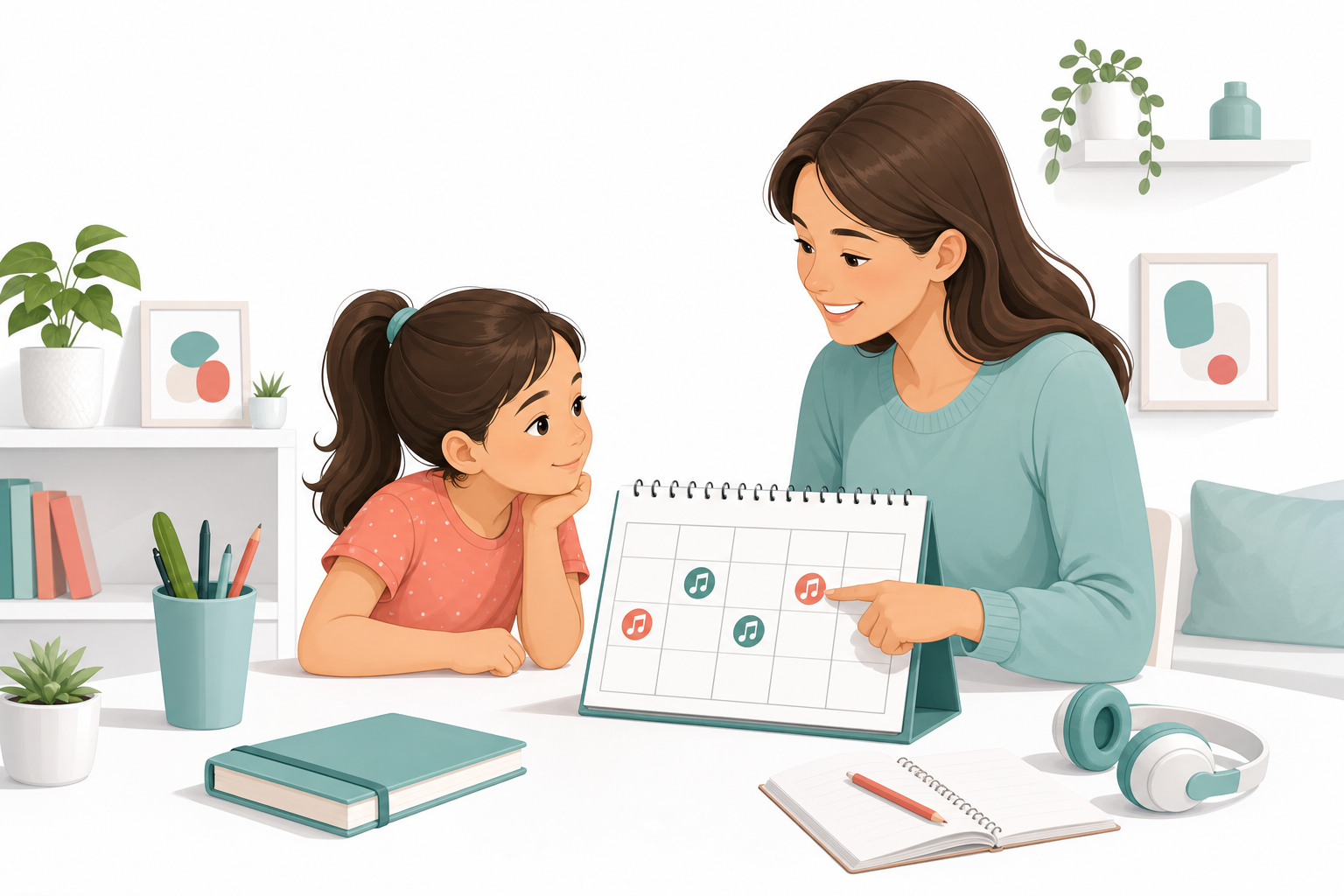 Parent and child planning a weekly piano lesson rhythm with a simple calendar