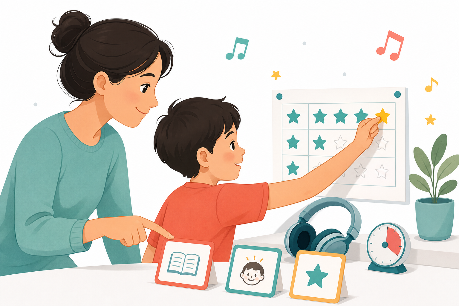 Child adding a star to a piano progress chart after a short weekly practice goal