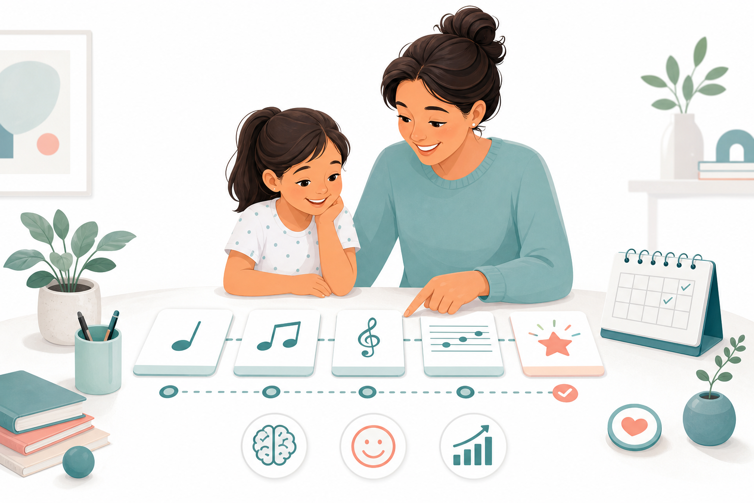 Parent and child choosing a beginner piano lesson path with simple music cards and a calendar