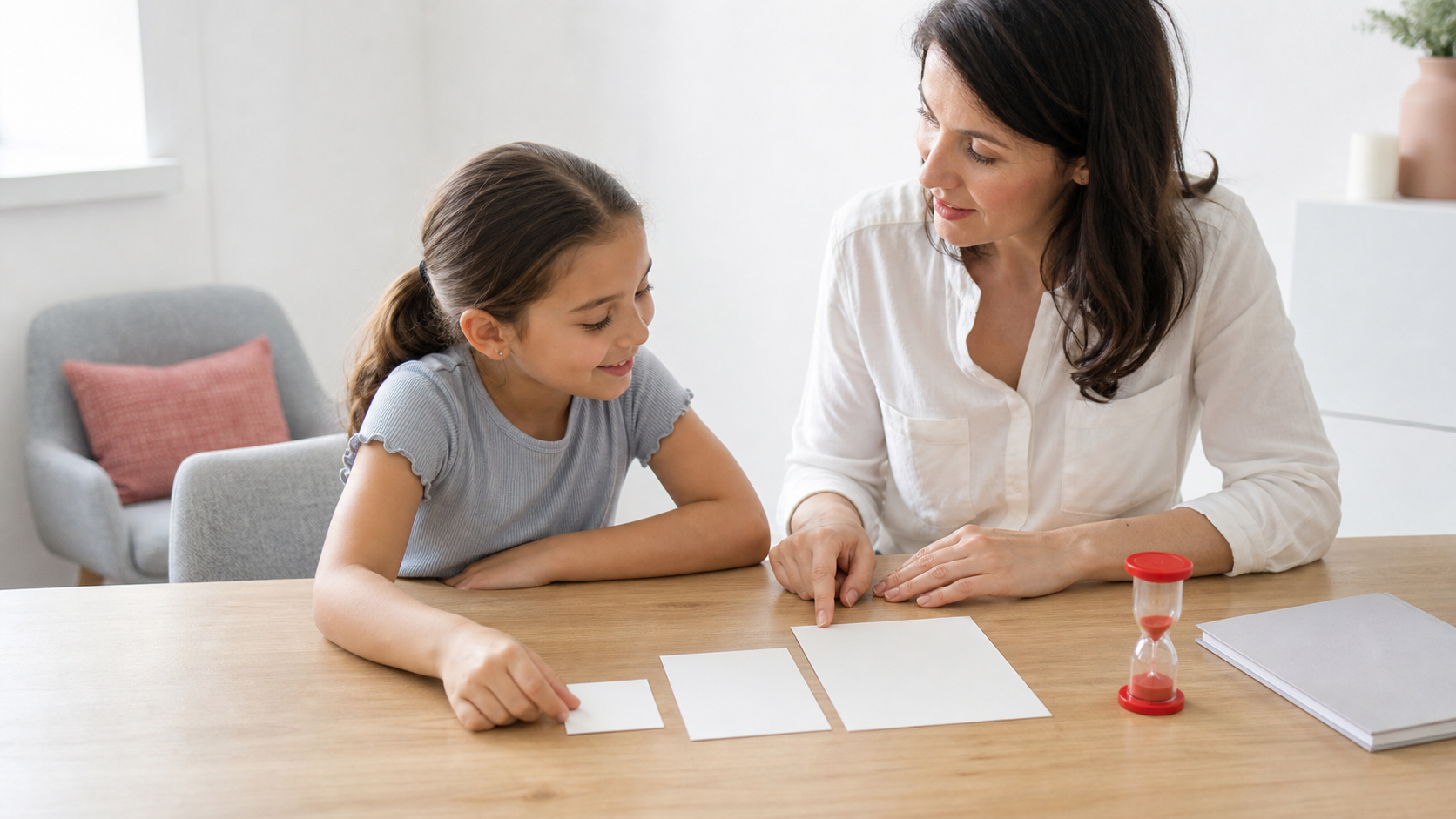 Teacher and child comparing three blank lesson-plan cards beside a small timer