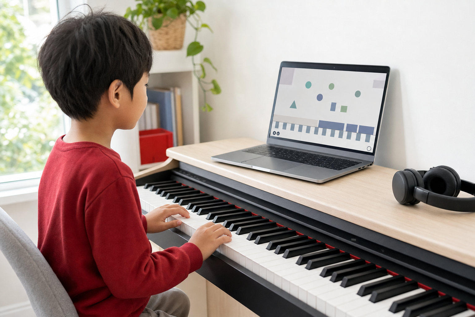 Child using a simple online lesson beside a correctly arranged digital piano and headphones