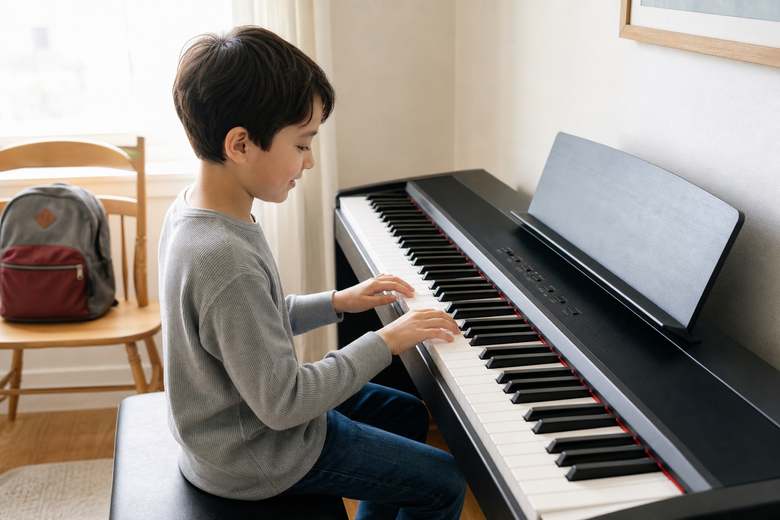 Child completing a short after-school practice session at a correctly arranged digital piano