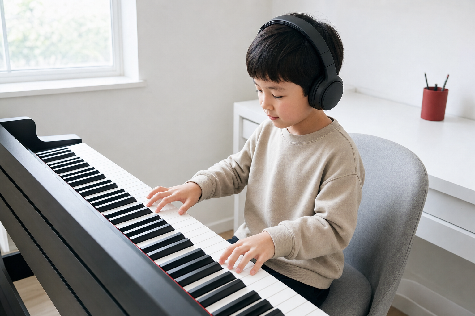 Child wearing headphones during a short beginner practice session on a correctly arranged digital piano