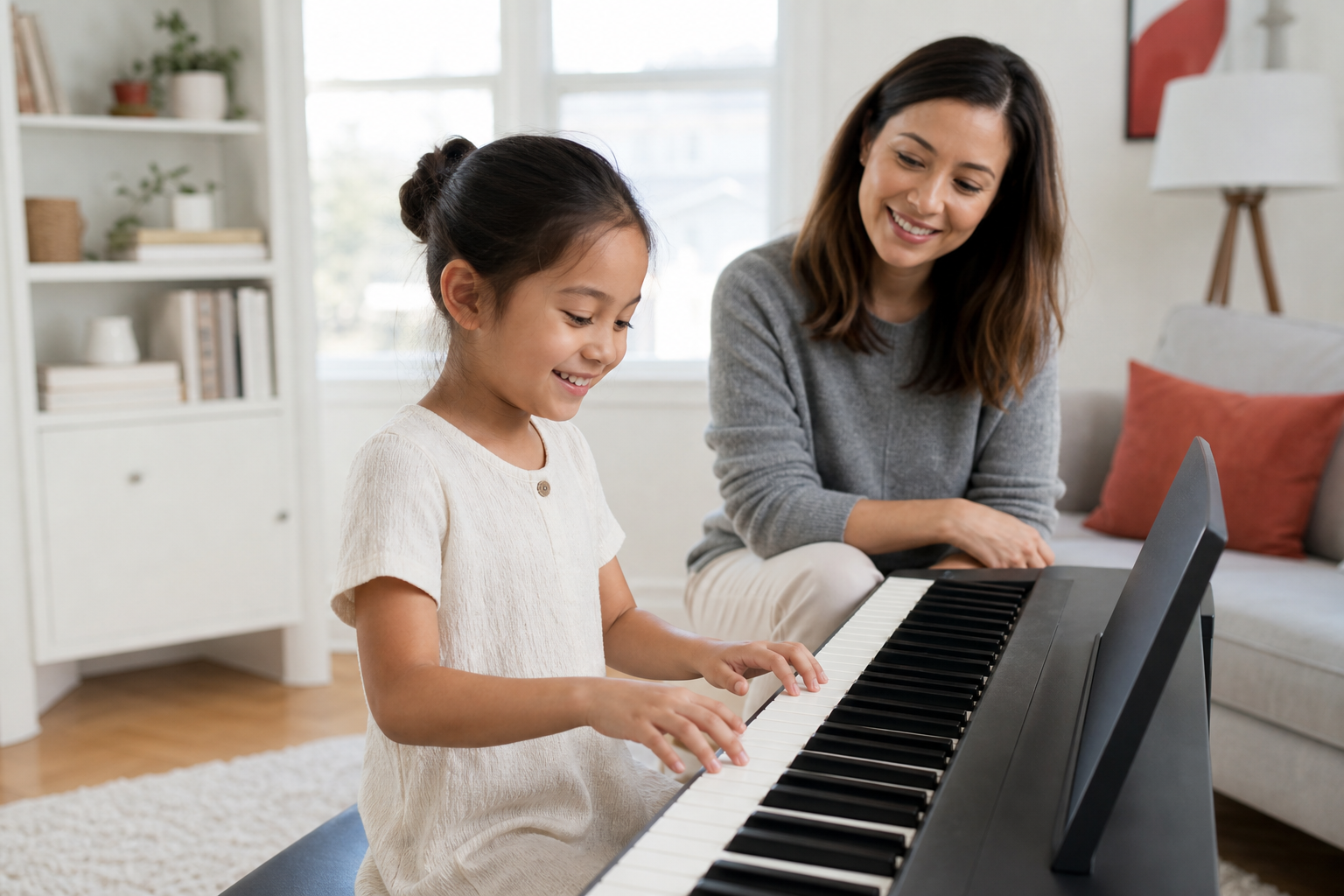 Child trying a short beginner activity on a correctly arranged digital piano while a parent observes supportively