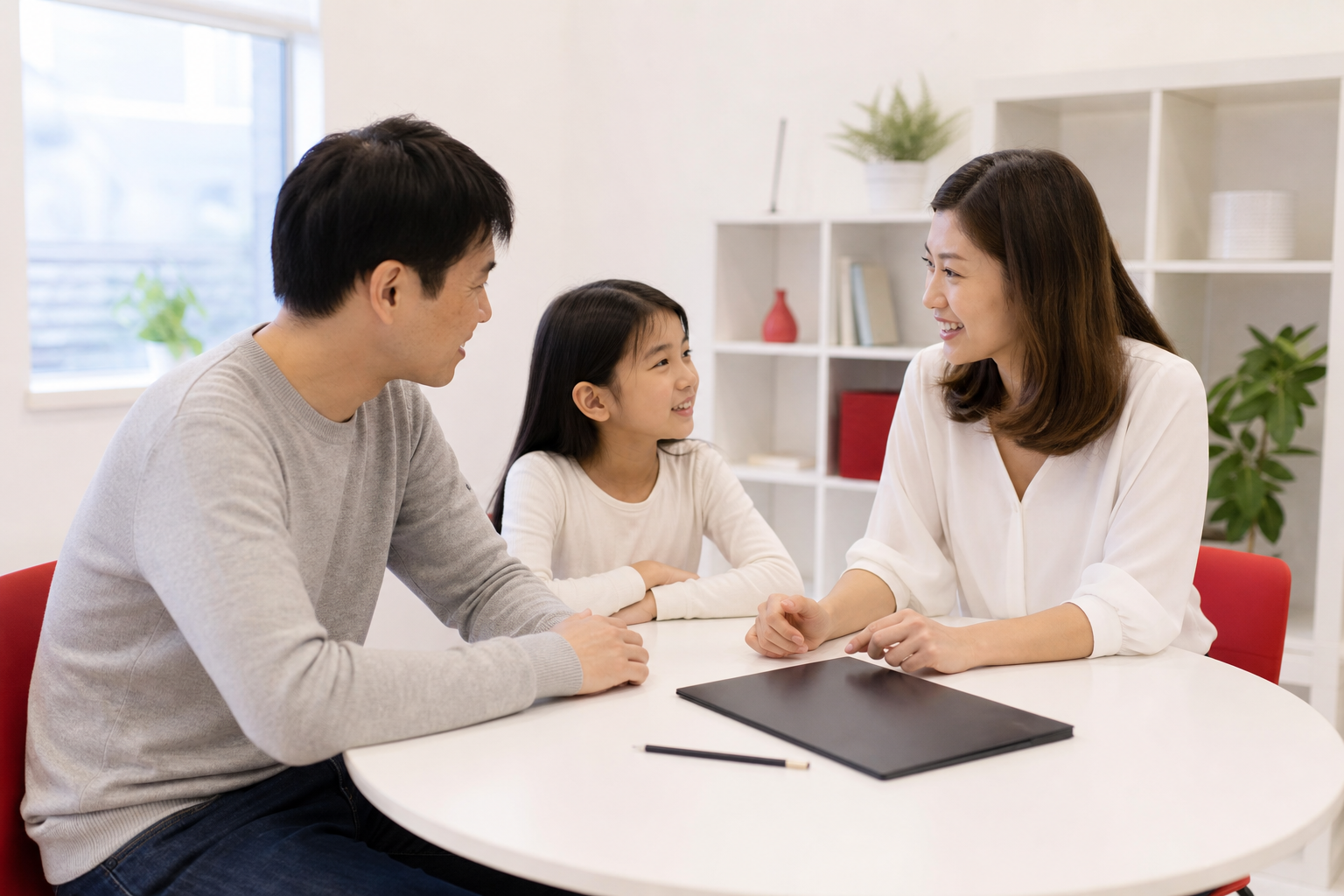 Parent and child discussing piano lesson options with a friendly music teacher