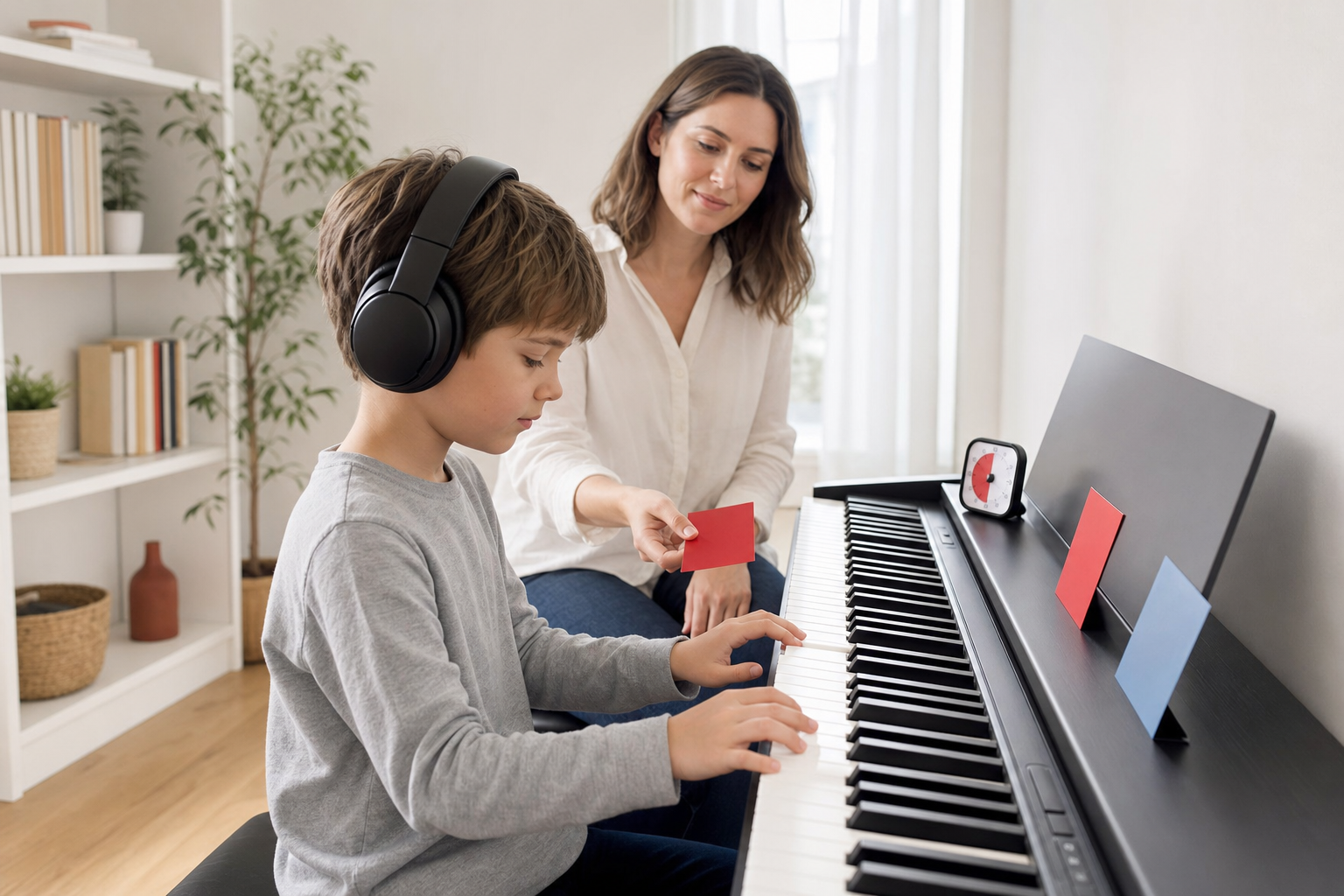 Child wearing comfortable headphones during a short piano activity with a supportive teacher and a correctly arranged digital piano