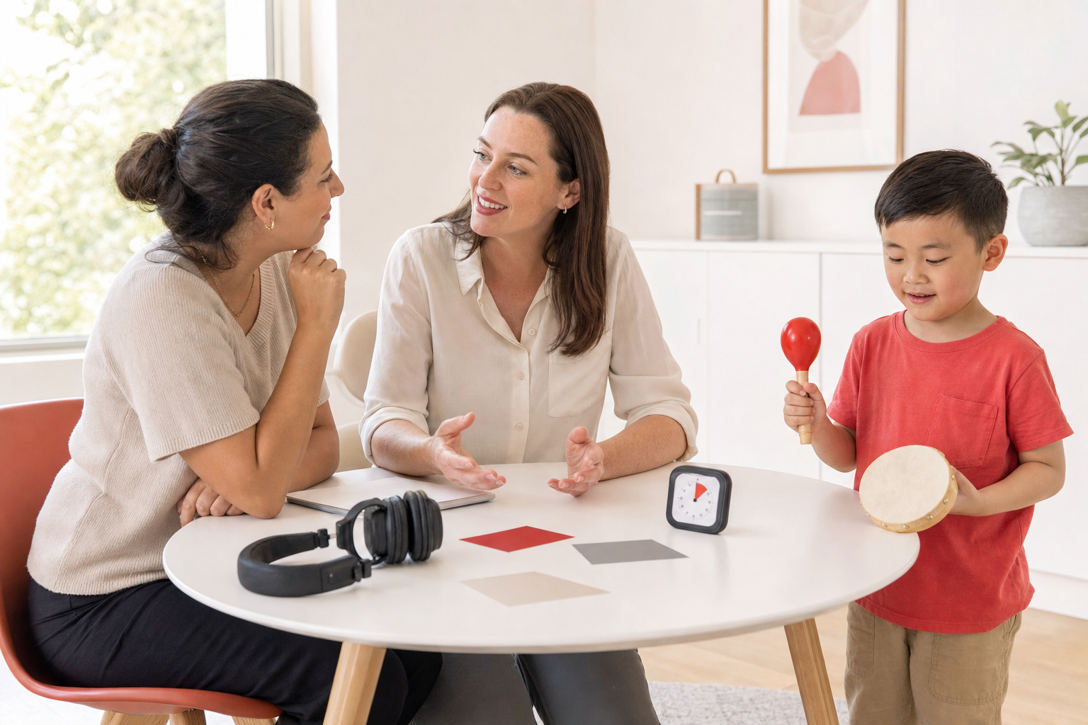 Parent and piano teacher discussing a flexible support plan while a child explores a simple rhythm activity