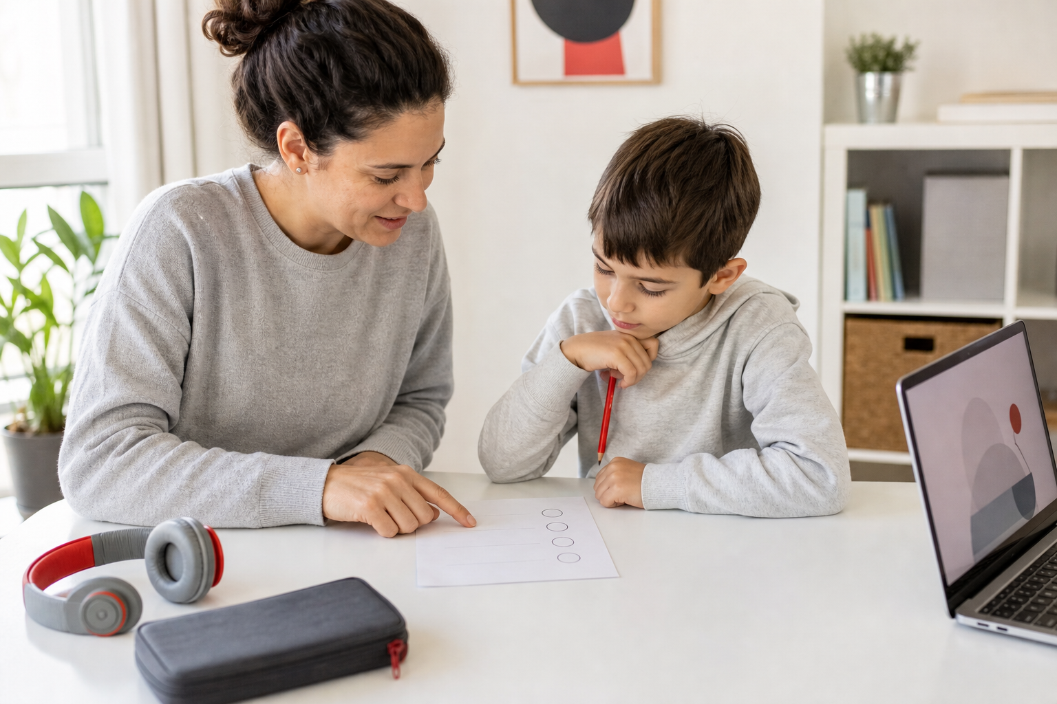 Parent and child planning four short online piano practice sessions with a simple checklist