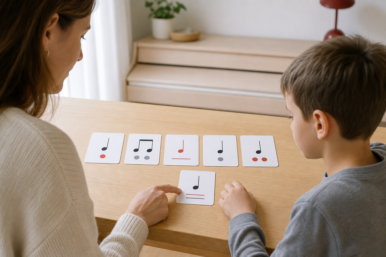Parent and child reviewing six text-free music-learning progress cards after a lesson