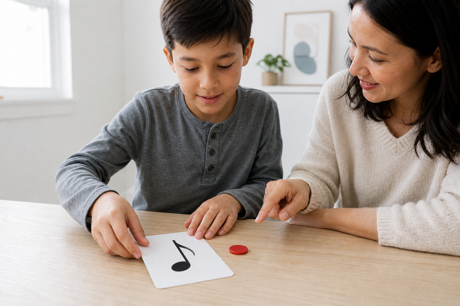 Child and supportive adult reviewing one small music-learning checkpoint card together